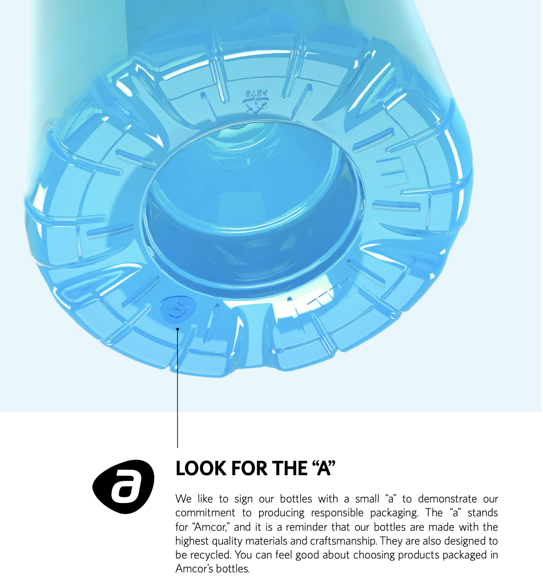 Bottom of a bottle with the A sign from Amcor